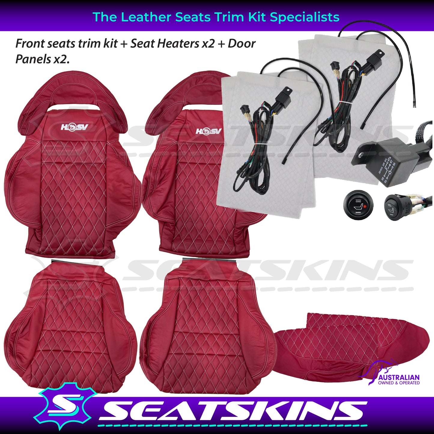 LEATHER SEATS TRIM KIT FOR 2 SEATER HSV COULSON RED LEATHER WHITE DIAMOND STITCH