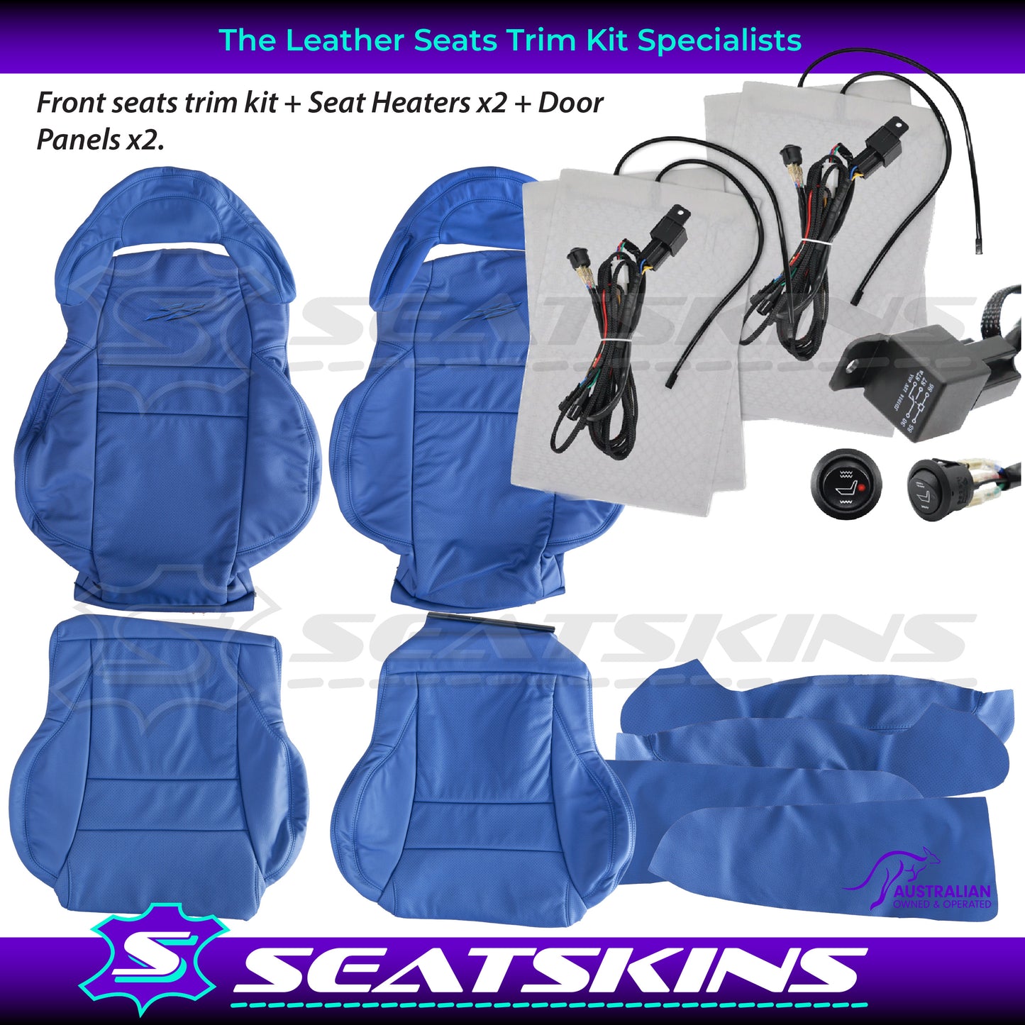 LEATHER SEATS TRIM KIT FOR HOLDEN HSV VY / VZ COULSON 2 SEATS BLUE SS LOGOS