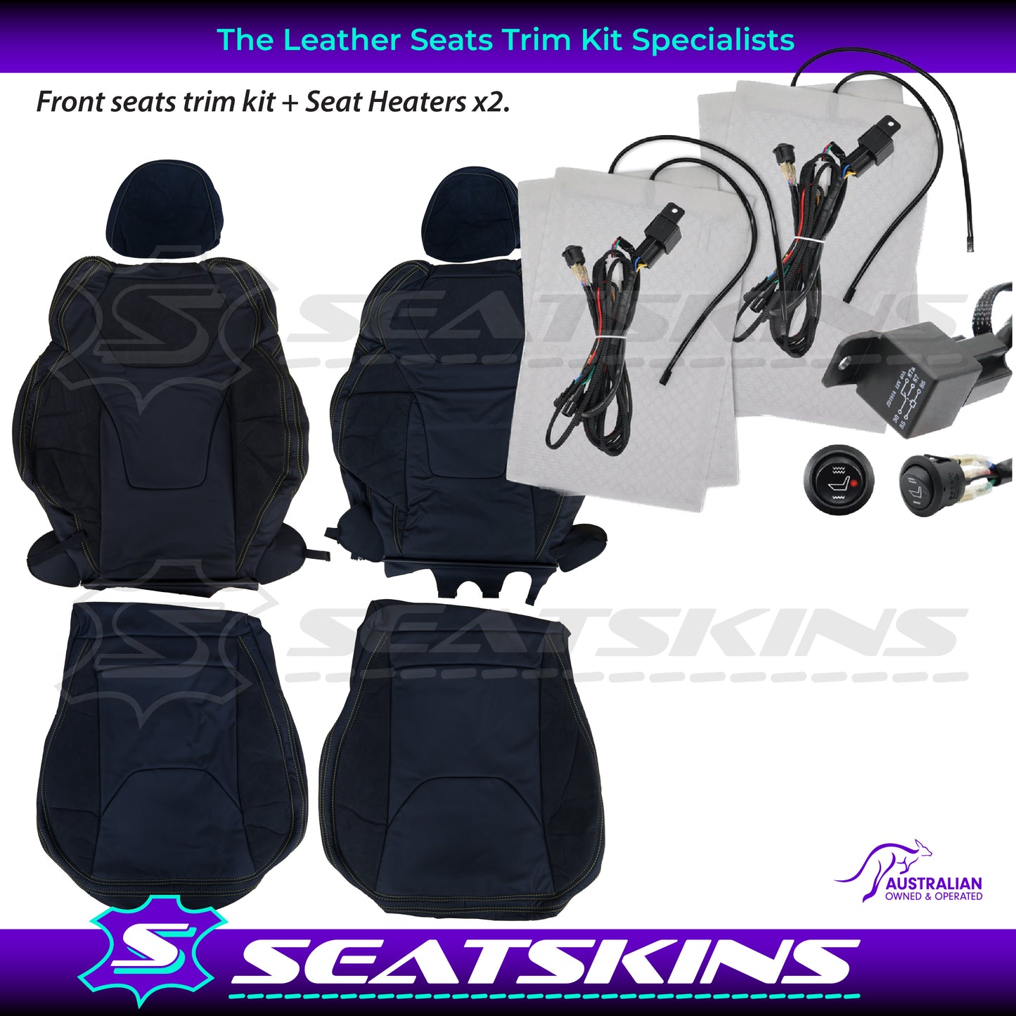 LEATHER SEATS TRIM KIT FOR HSV VF GTS 2 SEATS ALCANTARA & BLACK NAPPA LEATHER WITH YELLOW STITCHING.