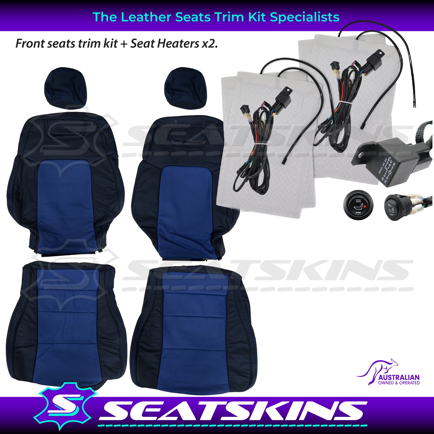 LEATHER SEATS TRIM KIT FOR HOLDEN VE CLUBSPORT 2 SEATS BLUE INSERTS BLUE STITCHING