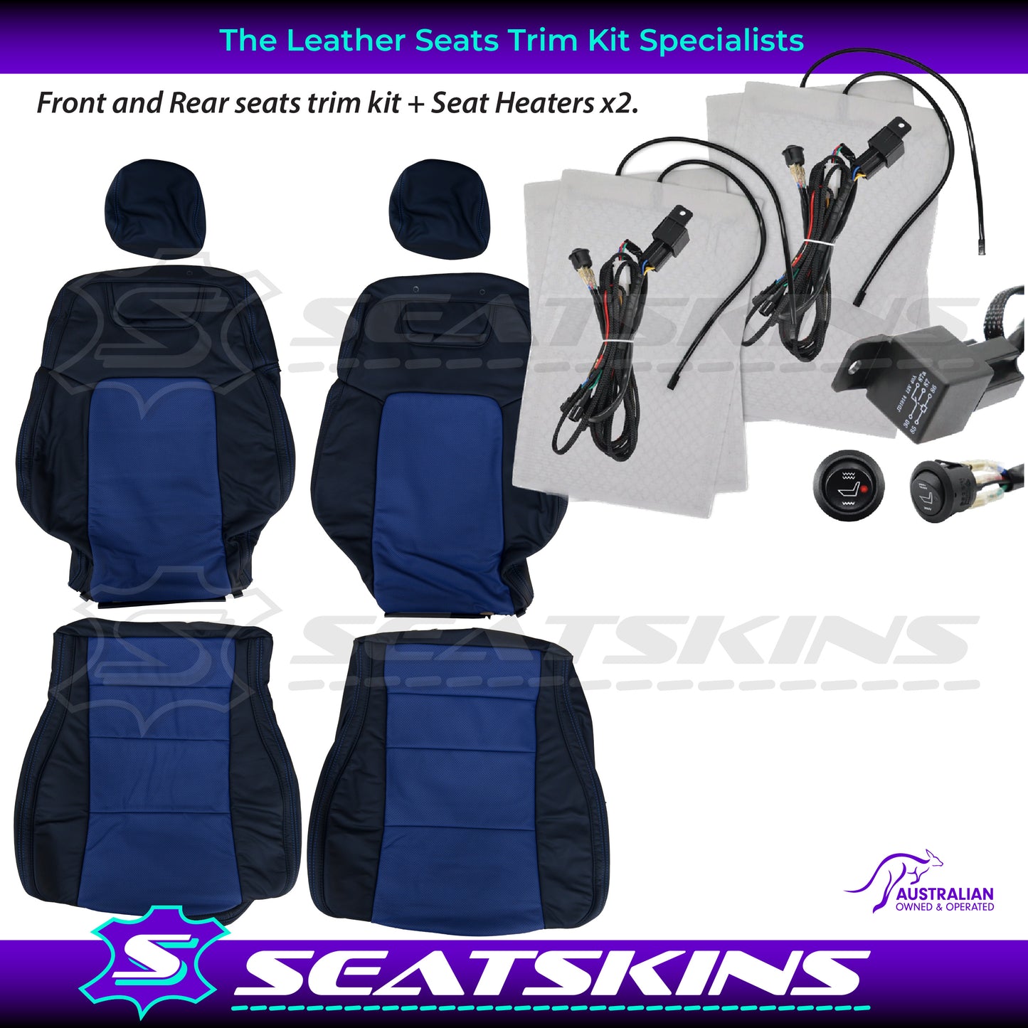 LEATHER SEATS TRIM KIT FOR HOLDEN VE CLUBSPORT 5 SEATER BLUE INSERTS BLUE STITCHING