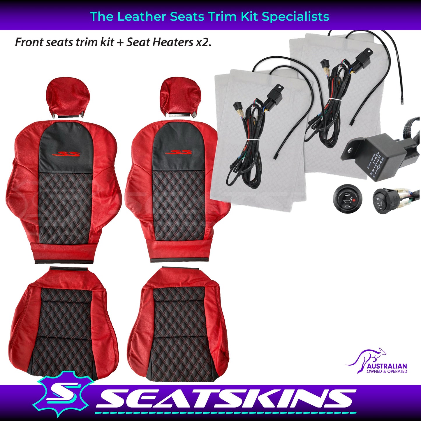 LEATHER SEATS TRIM KIT FOR VT/VX SS UTE 2 FRONT SEATS RED/BLACK DIAMOND STITCH