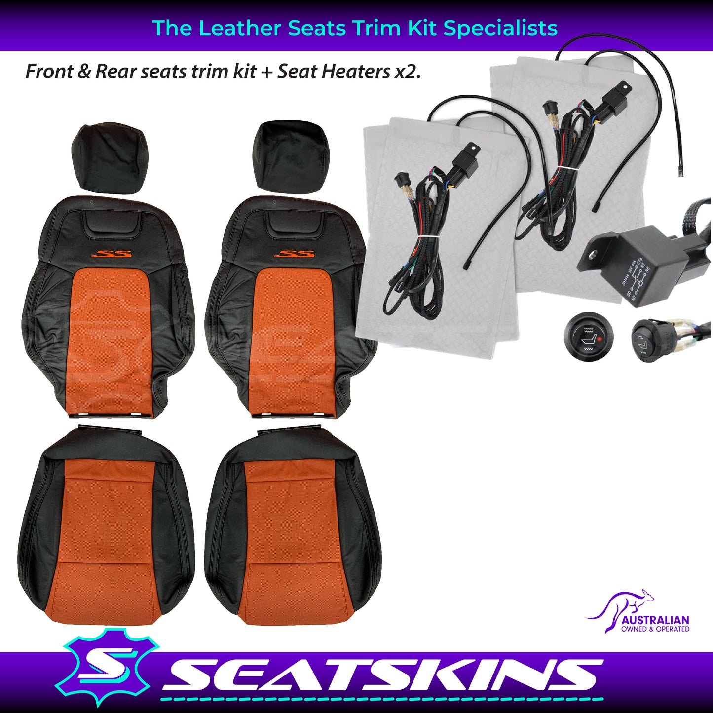 LEATHER SEATS TRIM KIT FOR VE SS 2 FRONT SEATS OR UTE ONYX & ORANGE INSERTS