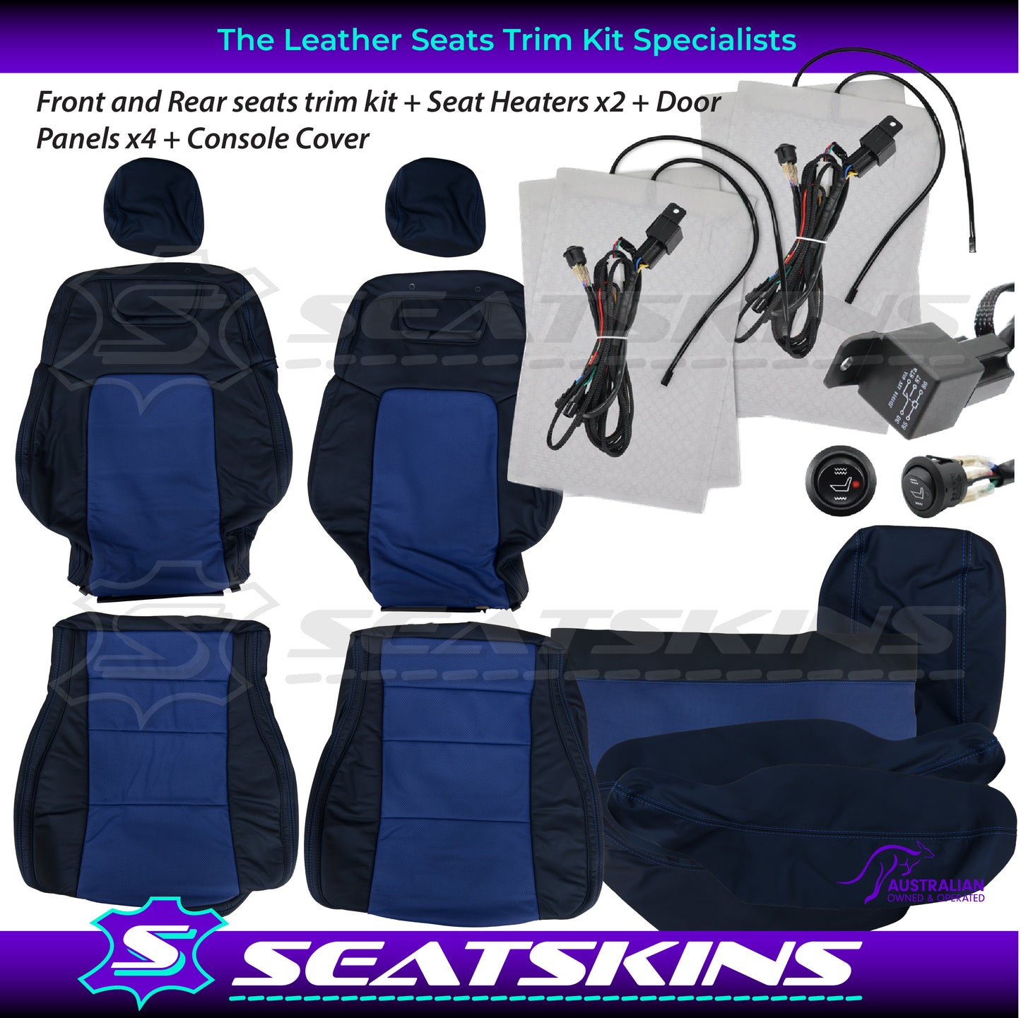 LEATHER SEATS TRIM KIT FOR HOLDEN VE CLUBSPORT 5 SEATER BLUE INSERTS BLUE STITCHING
