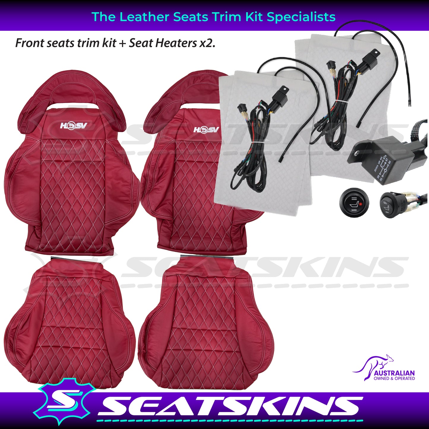 LEATHER SEATS TRIM KIT FOR 2 SEATER HSV COULSON RED LEATHER WHITE DIAMOND STITCH
