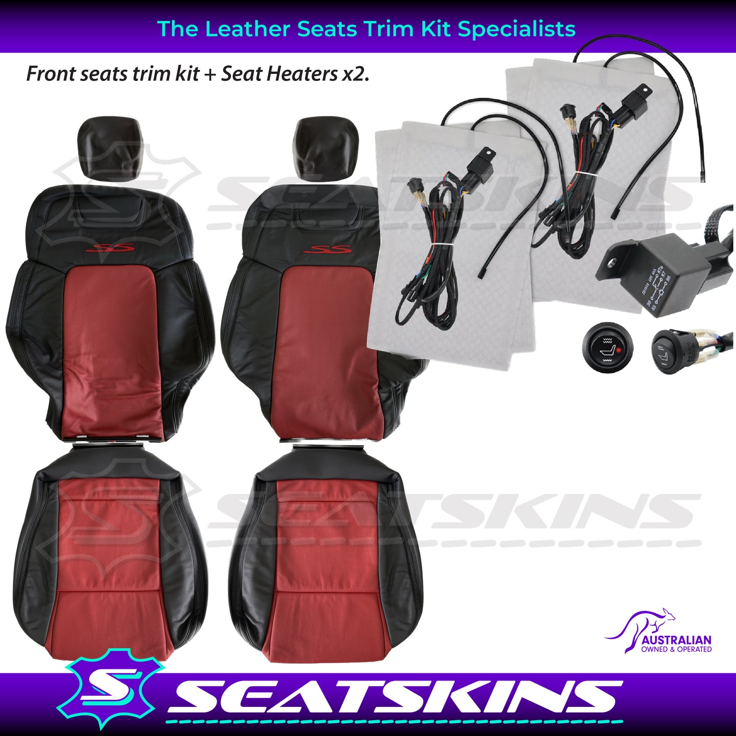 LEATHER SEATS TRIM KIT FOR VE SS 2 FRONT SEATS OR UTE ONYX & RED HOT INSERTS