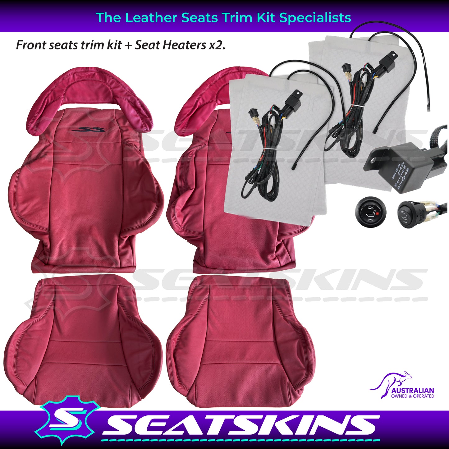 LEATHER SEATS TRIM KIT FOR HSV COULSON 2 SEATER VT/VX RED LEATHER BLACK SS LOGO