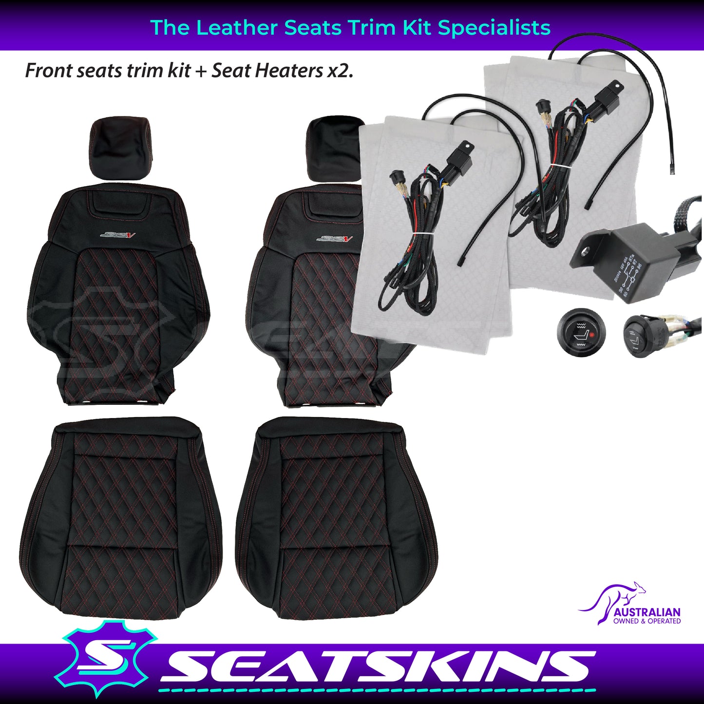 LEATHER SEATS TRIM KIT FOR HOLDEN VE SS SSV UTE ONYX WITH RED STITCHING