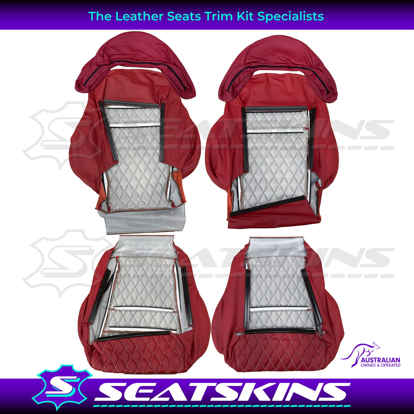LEATHER SEATS TRIM KIT FOR 2 SEATER HSV COULSON RED LEATHER WHITE DIAMOND STITCH