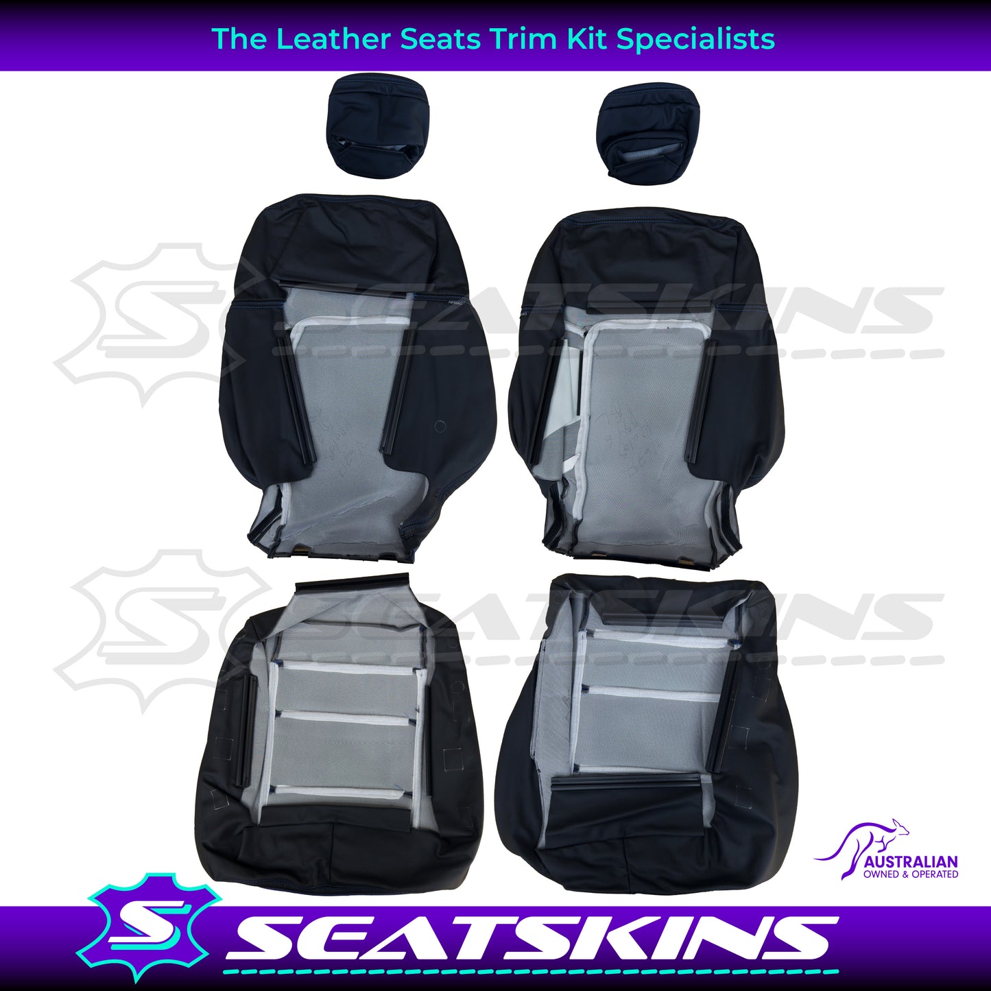 LEATHER SEATS TRIM KIT FOR HOLDEN VE CLUBSPORT 2 SEATS BLUE INSERTS BLUE STITCHING