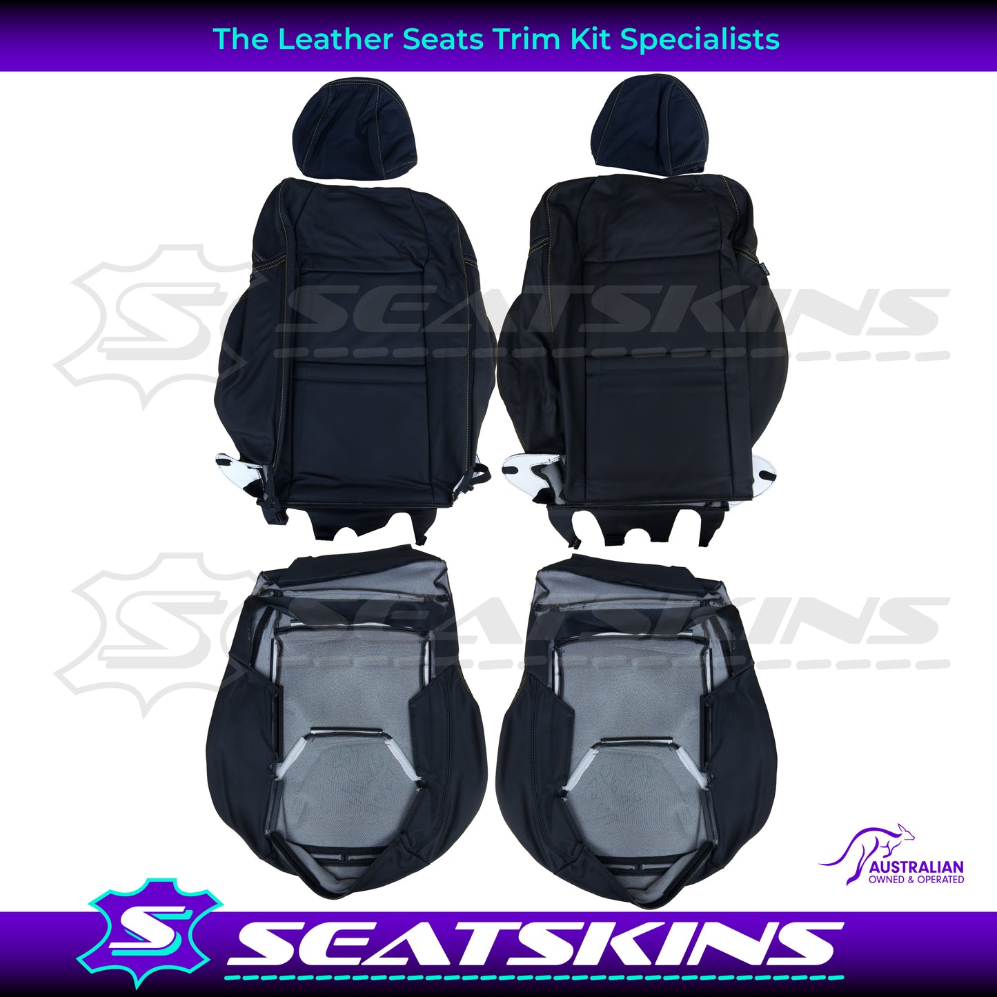 LEATHER SEATS TRIM KIT FOR HSV VF GTS 2 SEATS ALCANTARA & BLACK NAPPA LEATHER WITH YELLOW STITCHING.