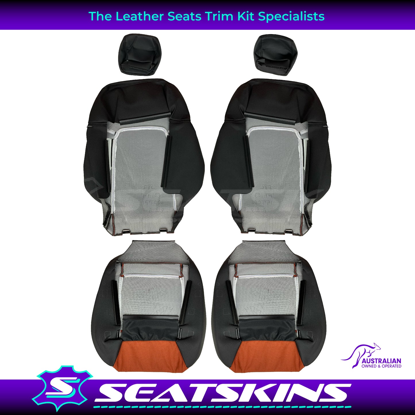 LEATHER SEATS TRIM KIT FOR VE SS SEDAN FRONT & REAR SEATS ONYX & ORANGE INSERTS