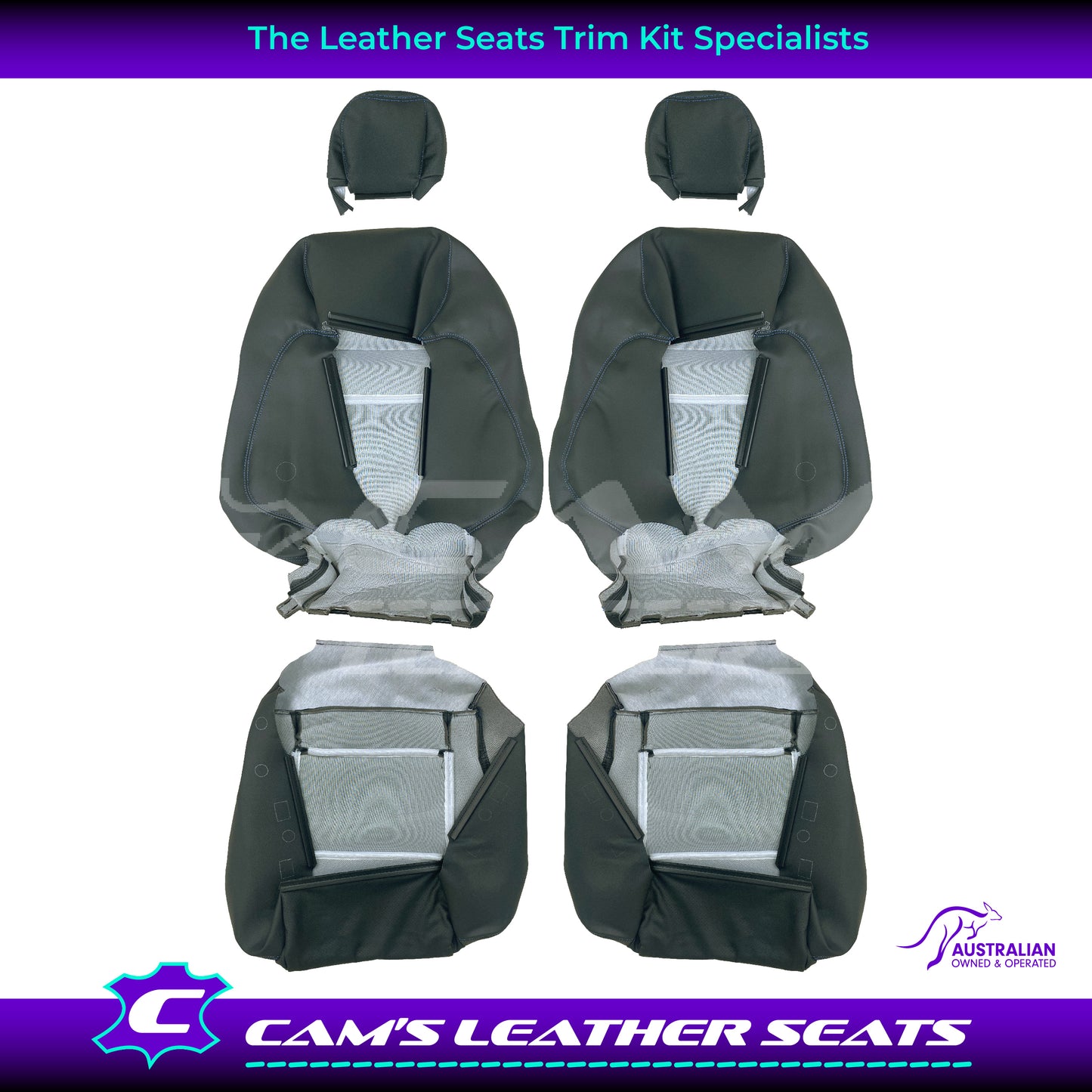 LEATHER SEATS TRIM SKINS KIT TO FIT HOLDEN VY S2 OR VZ SS UTE BLACK BLUE STITCH