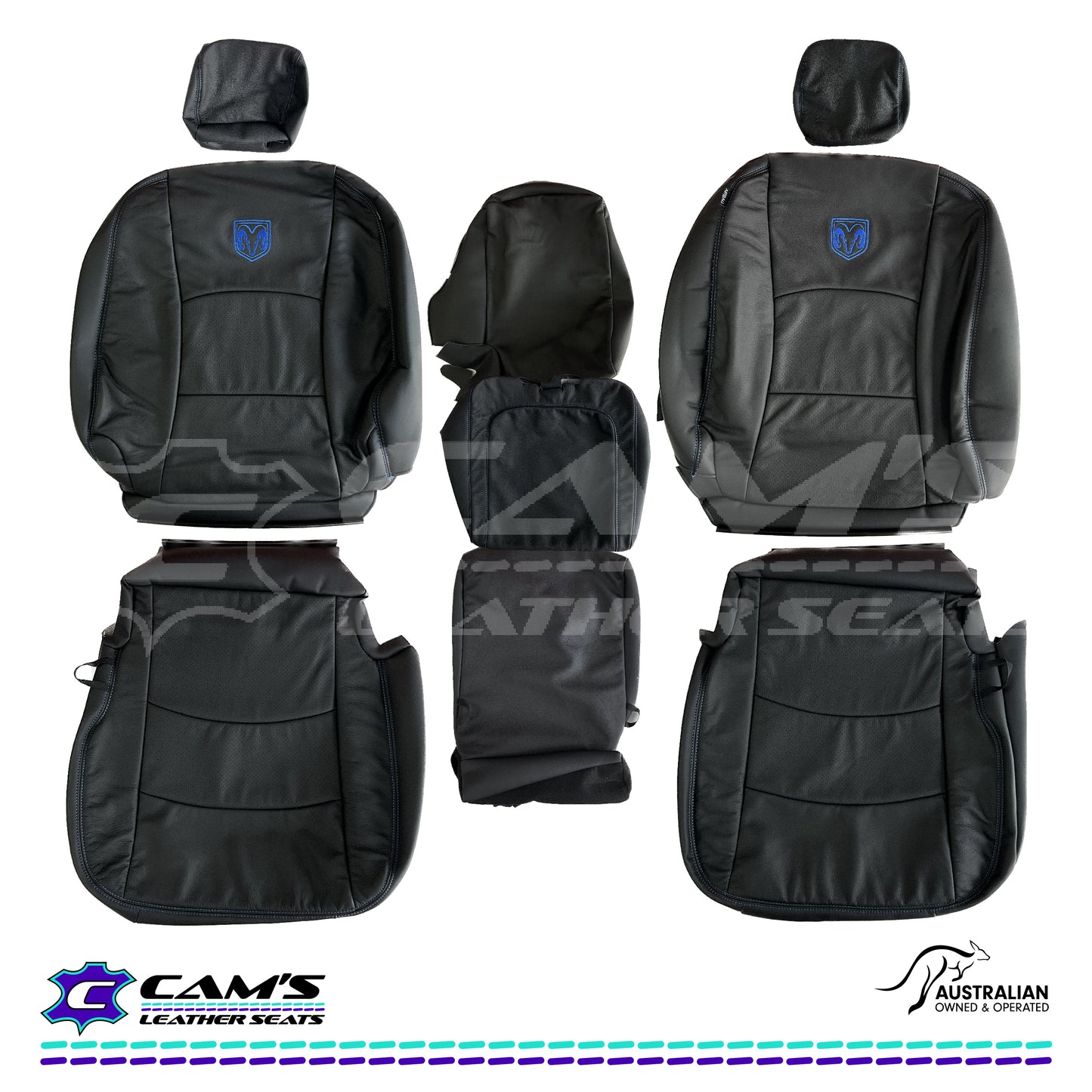 LEATHER SEATS TRIM KIT SKINS FOR RAM 1500 Black leather with Blue Stitching