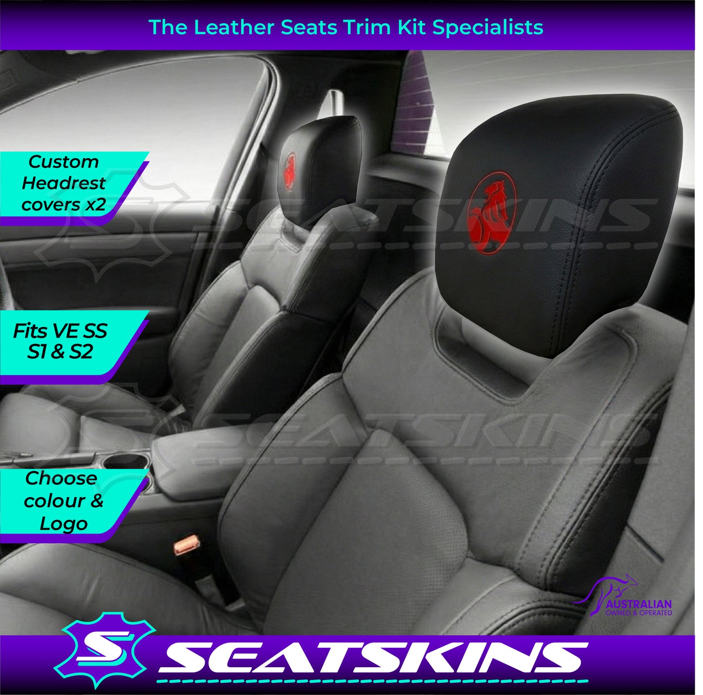 HEADREST COVERS PAIR FOR VE ONYX BLACK LEATHERETTE CUSTOM HOLDEN LOGO