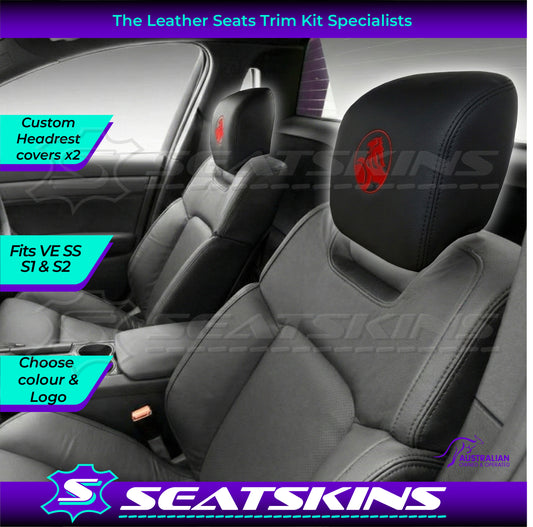 HEADREST COVERS PAIR FOR VE ONYX BLACK LEATHERETTE CUSTOM HOLDEN LOGO