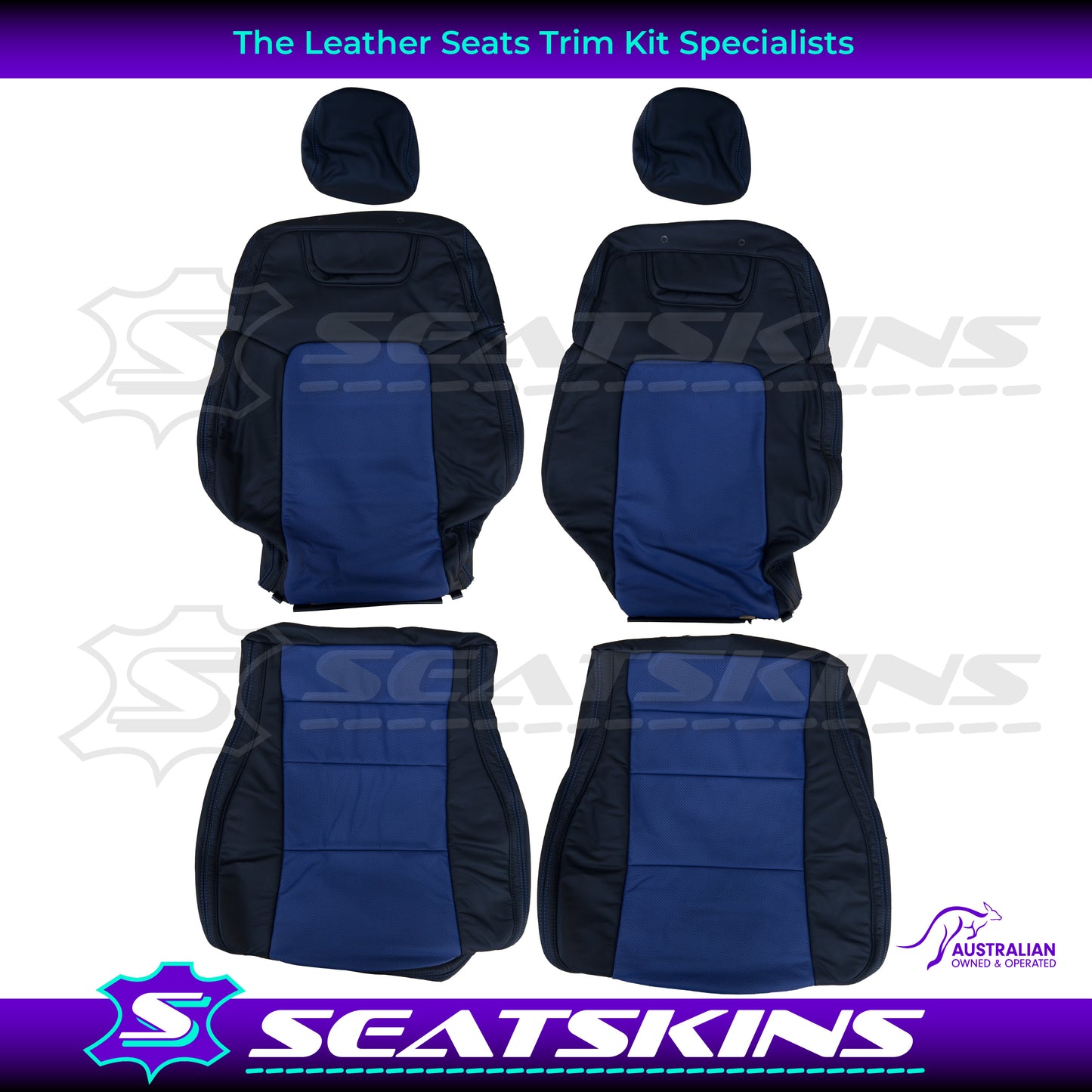 LEATHER SEATS TRIM KIT FOR HOLDEN VE CLUBSPORT 2 SEATS BLUE INSERTS BLUE STITCHING