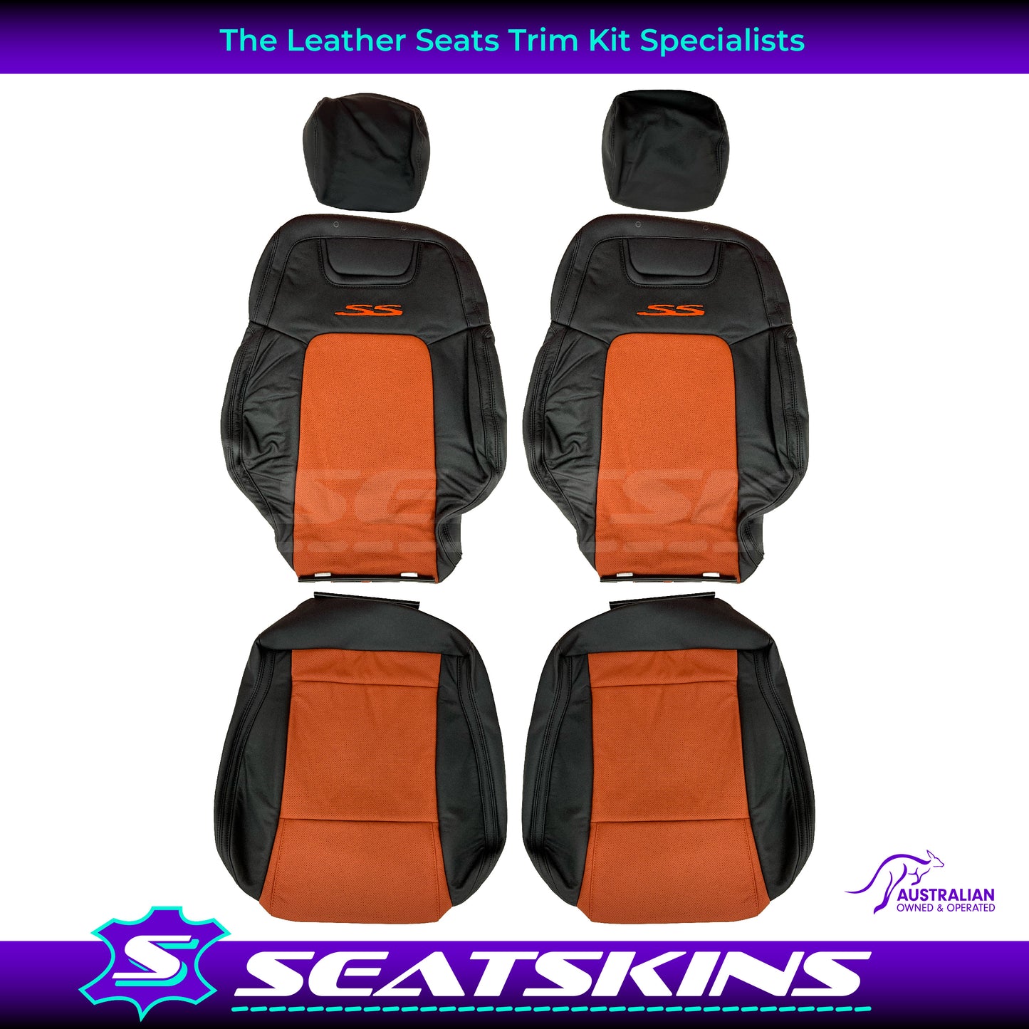 LEATHER SEATS TRIM KIT FOR VE SS 2 FRONT SEATS OR UTE ONYX & ORANGE INSERTS