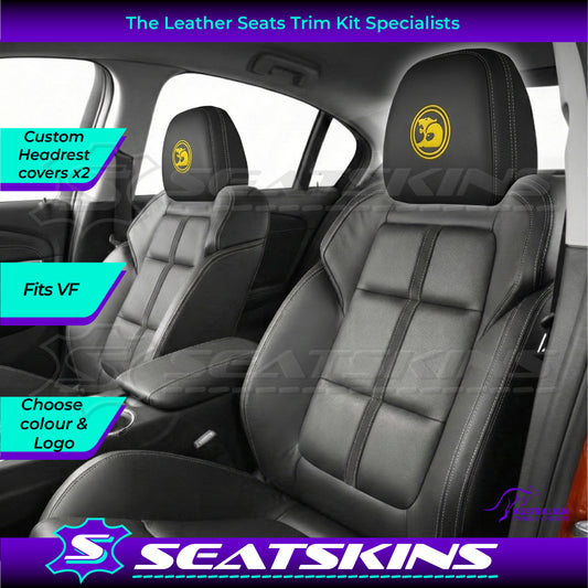 HEADREST COVERS PAIR FOR VF BLACK LEATHERETTE SILVER OR RED STITCH HSV LOGO