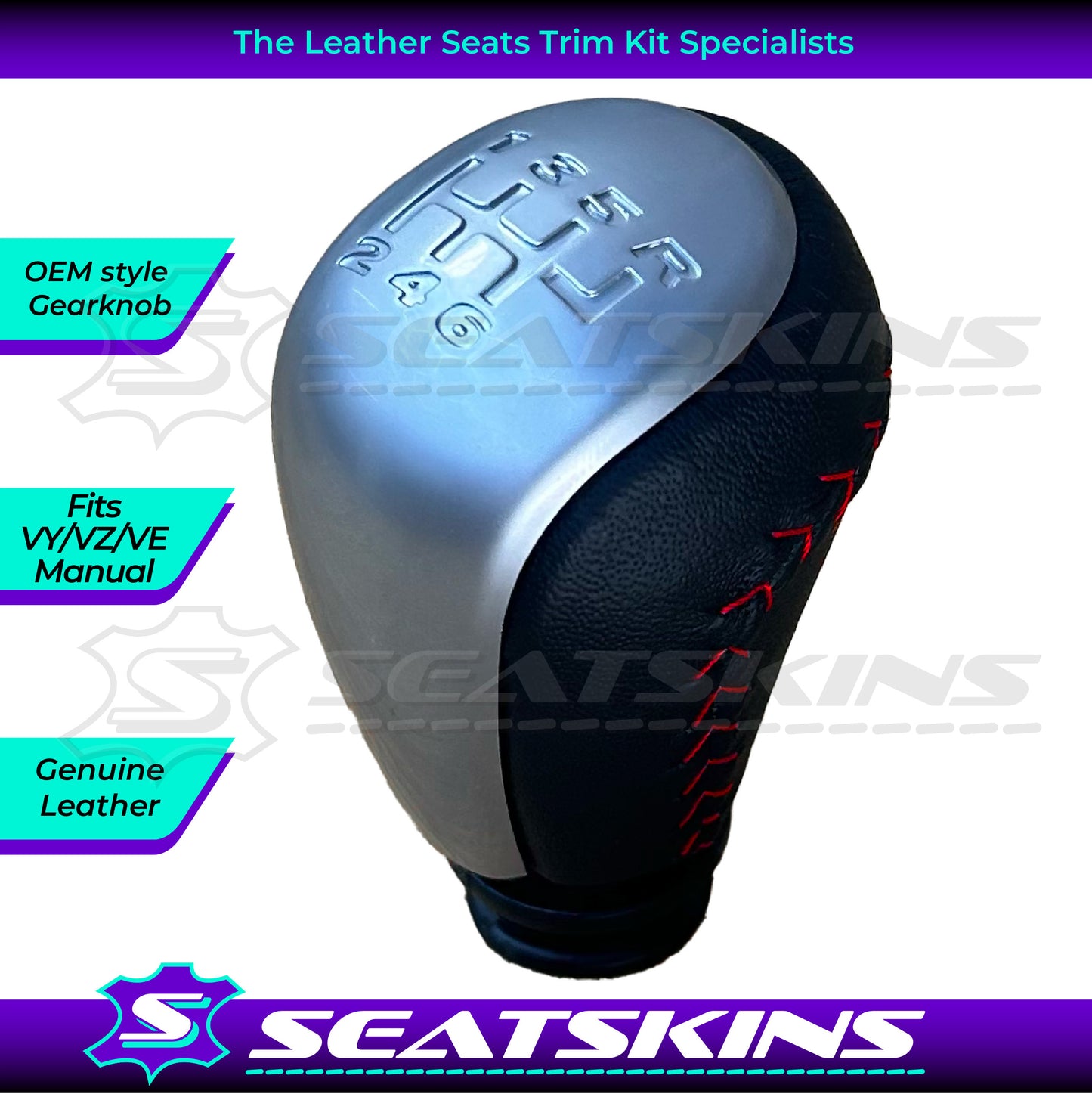 MANUAL GEAR SHIFT KNOB AND CAP TO FIT HOLDEN VY/VZ/VE RED STITCHING