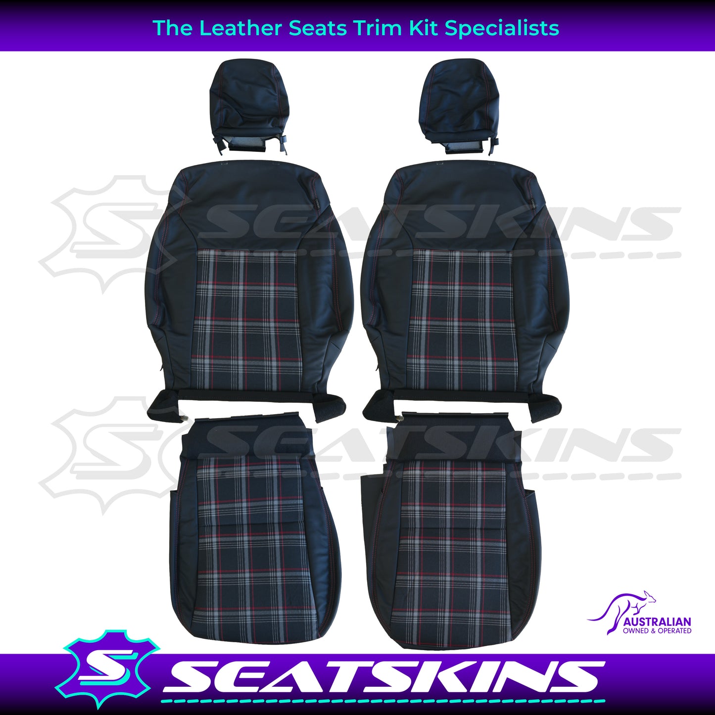 LEATHER SEATS TRIM KIT SKINS FOR SUZUKI JIMNY XL- BLACK LEATHER PLAID INSERT