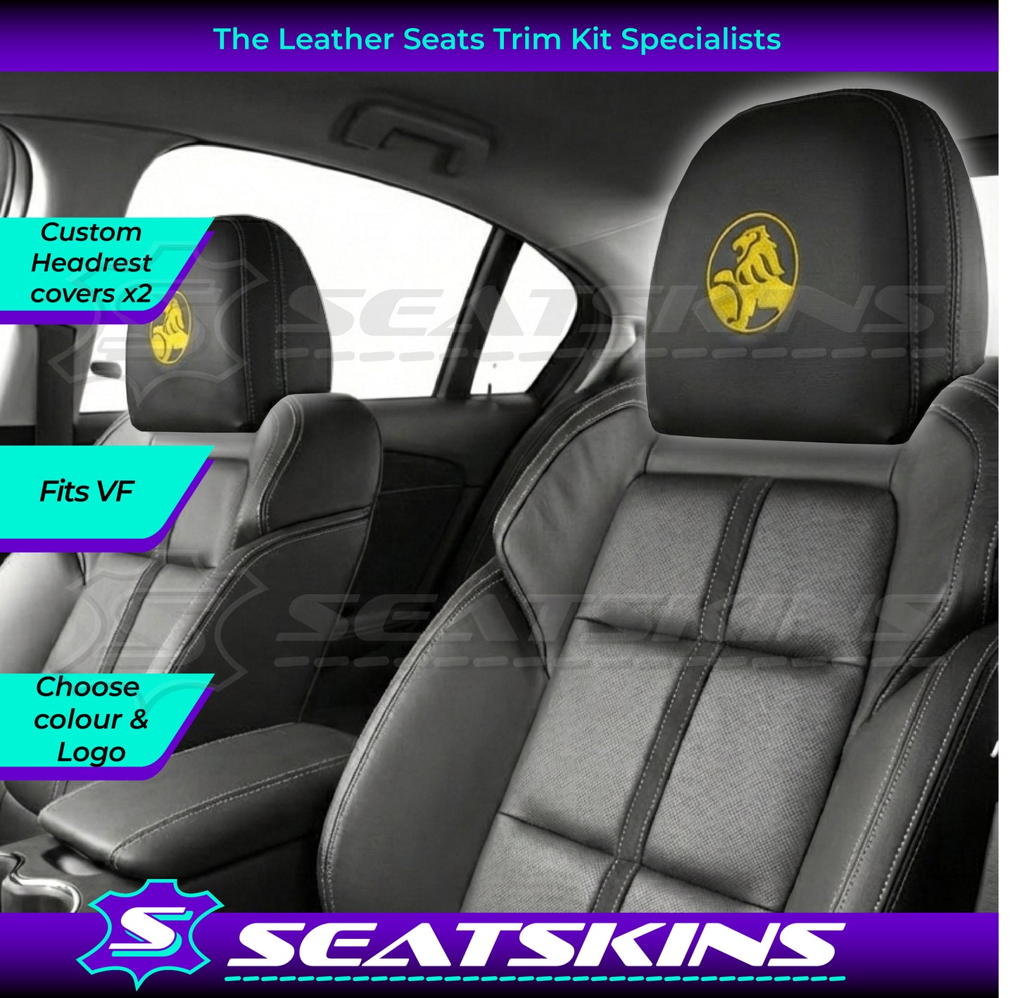 HEADREST COVERS PAIR FOR VF BLACK LEATHERETTE SILVER OR RED STITCH HOLDEN LOGO