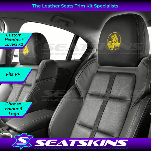 HEADREST COVERS PAIR FOR VF BLACK LEATHERETTE SILVER OR RED STITCH HOLDEN LOGO