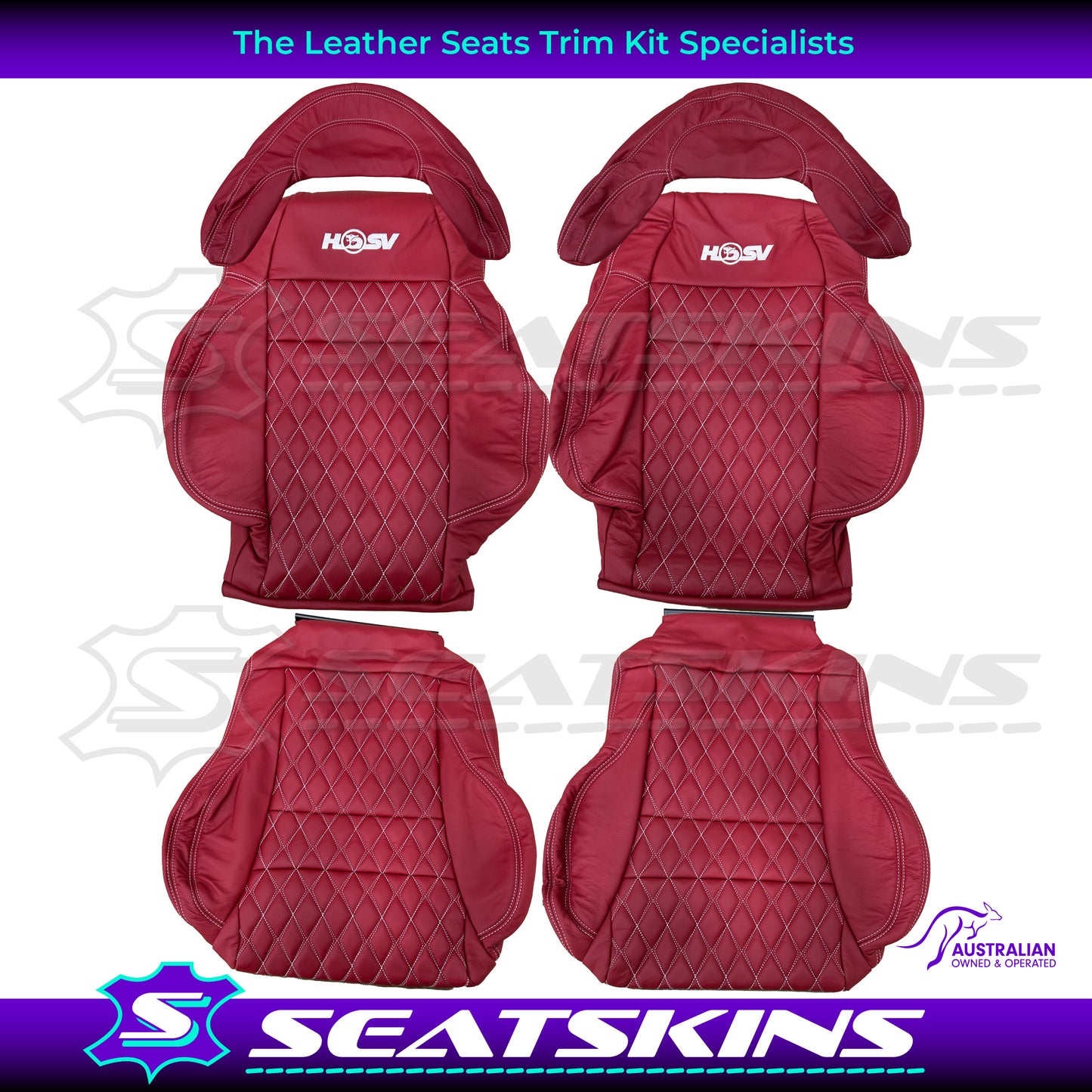 LEATHER SEATS TRIM KIT FOR 2 SEATER HSV COULSON RED LEATHER WHITE DIAMOND STITCH