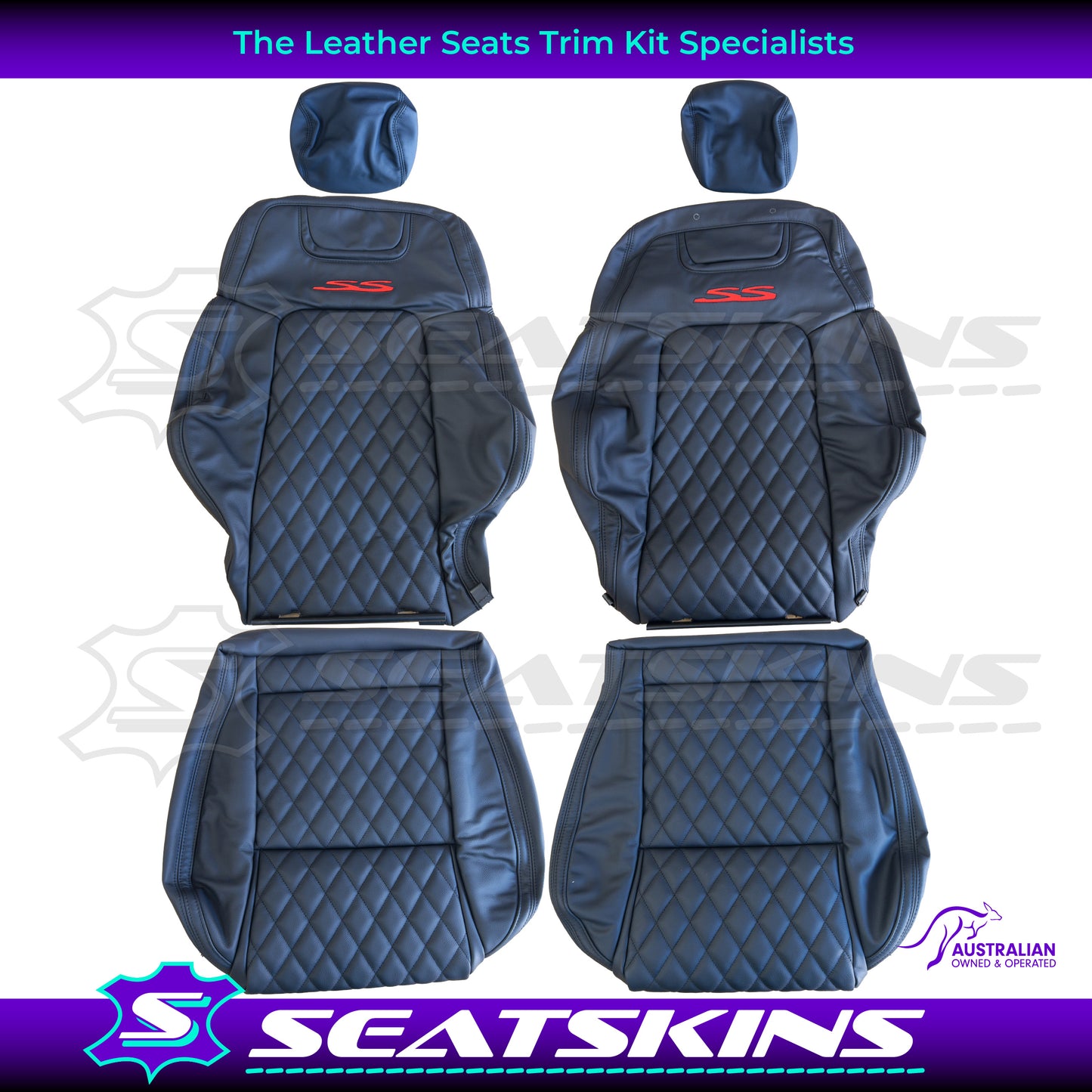 LEATHER SEATS TRIM KIT FOR HOLDEN VE SS 2 FRONT SEATS ONYX RED LOGO & BLACK DIAMONDS
