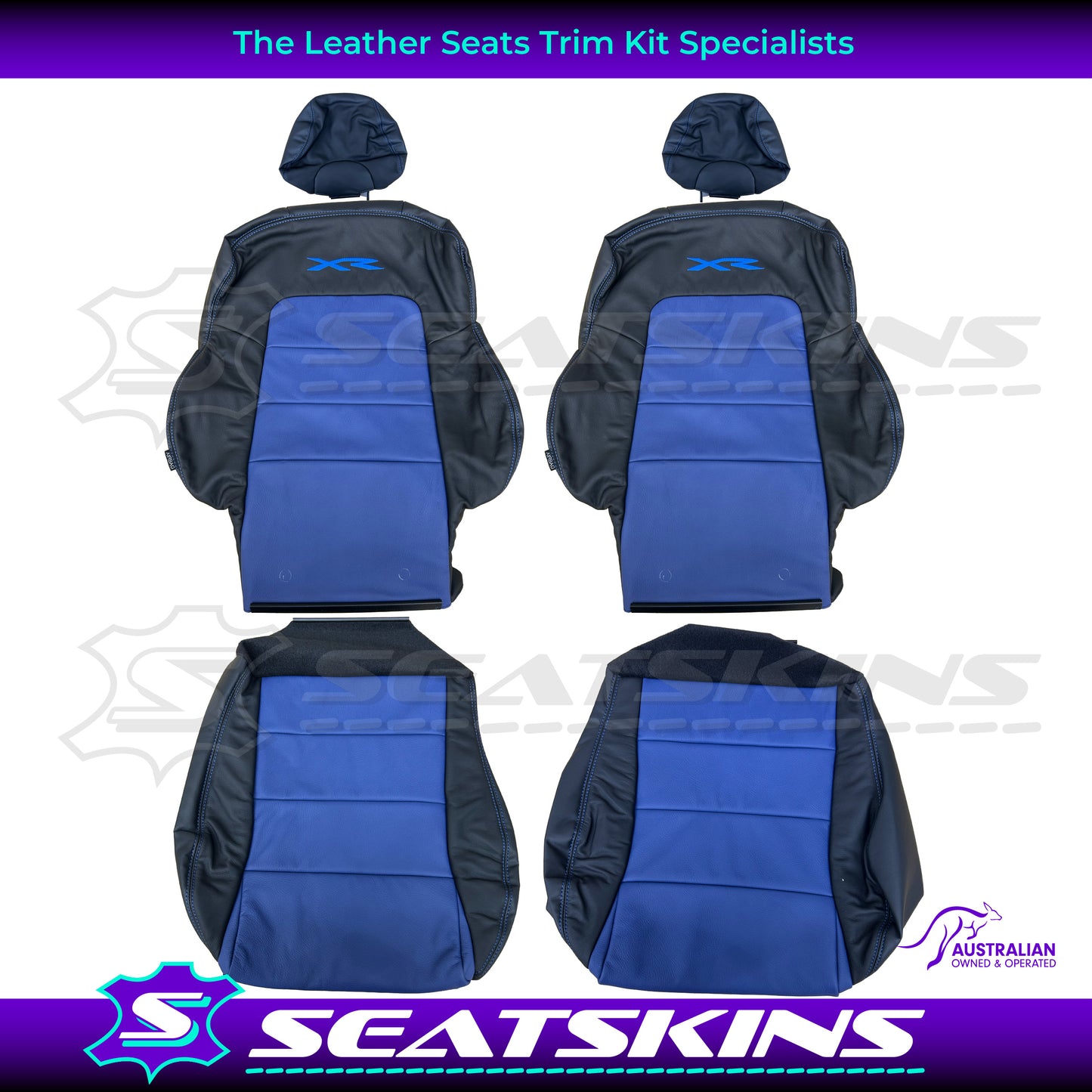LEATHER SEATS TRIM KIT SKINS FOR FORD BA/BF FALCON FRONT SEATS BLUE XR LOGO BLUE INSERTS