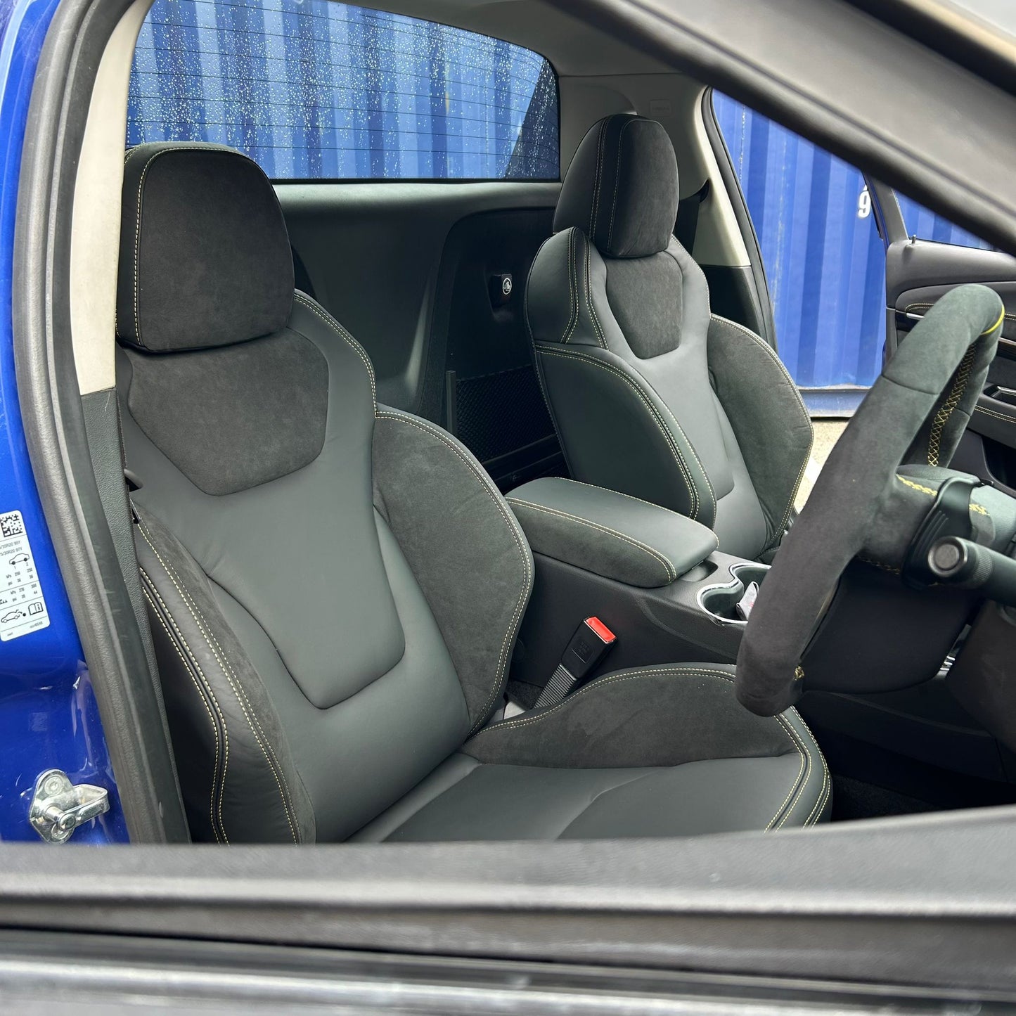 LEATHER SEATS TRIM KIT FOR HSV VF GTS 2 SEATS ALCANTARA & BLACK NAPPA LEATHER WITH YELLOW STITCHING.