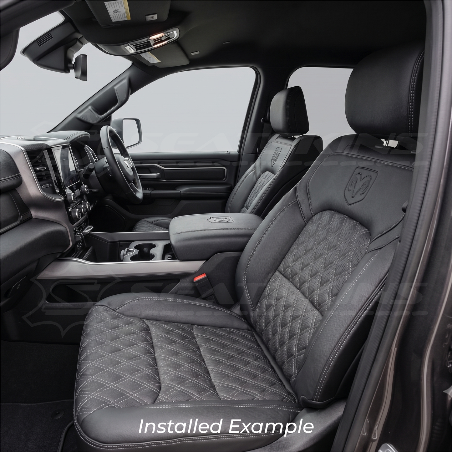 LEATHER SEATS TRIM KIT SKINS FOR RAM 1500 BIGHORN DT BLACK W/GREY DIAMONDS