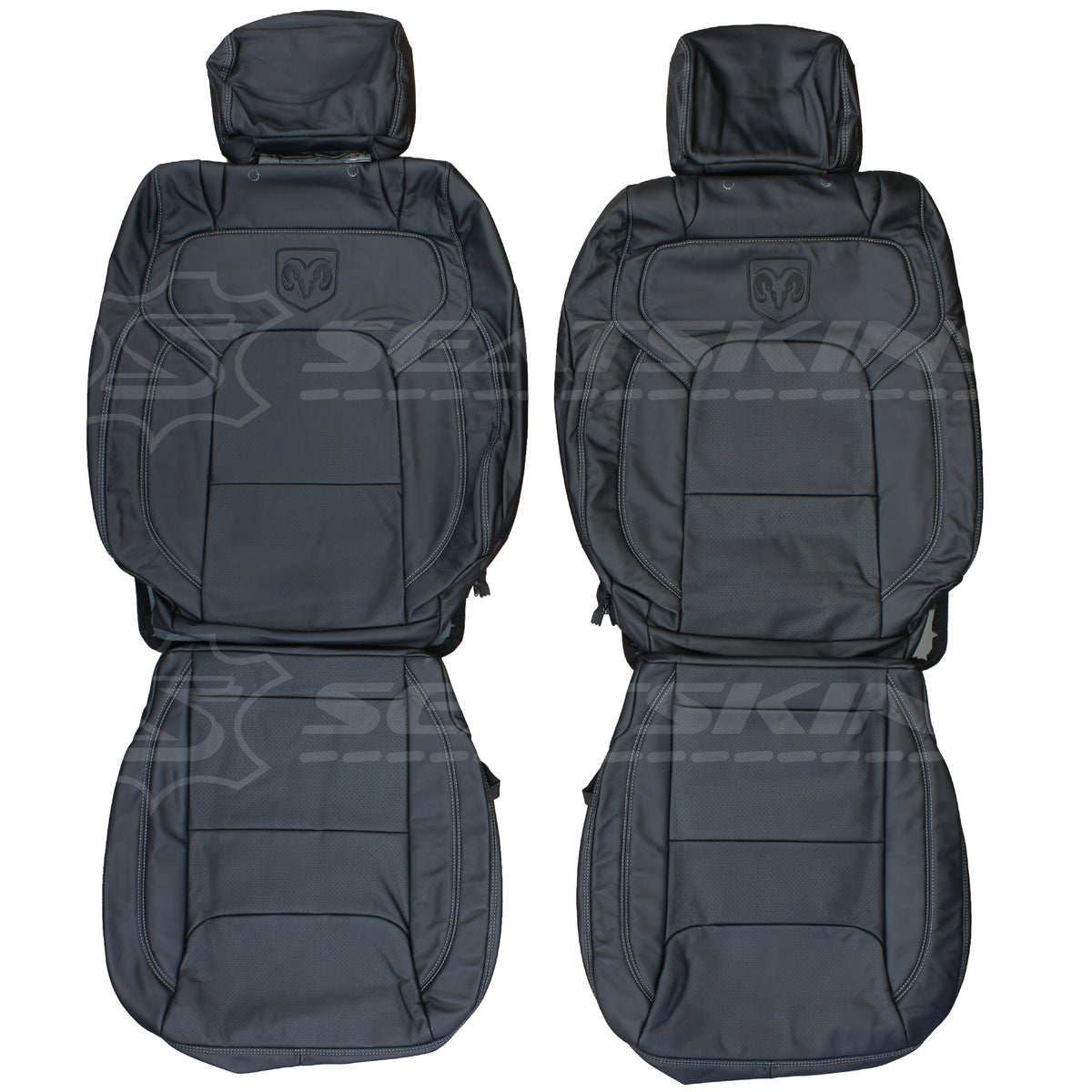 LEATHER SEATS TRIM KIT SKINS FOR RAM 1500 BIGHORN DT BLACK W/GREY STITCHING