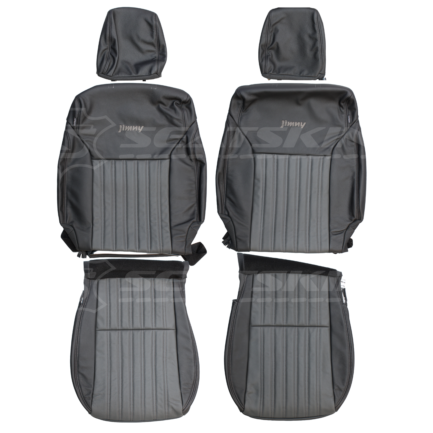 LEATHER SEATS TRIM KIT SKINS FOR SUZUKI JIMNY XL BLACK & GREY LEATHER 2 SEATS