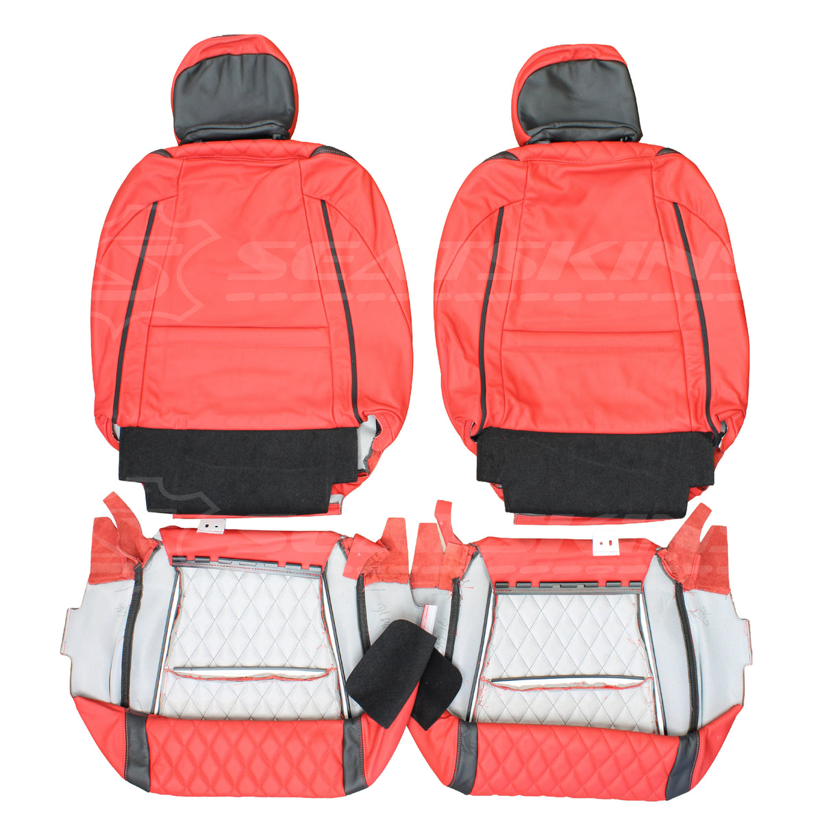 LEATHER SEATS TRIM KIT SKINS FOR TOYOTA KLUGER 7 SEATS RED & BLACK W/DIAMONDS