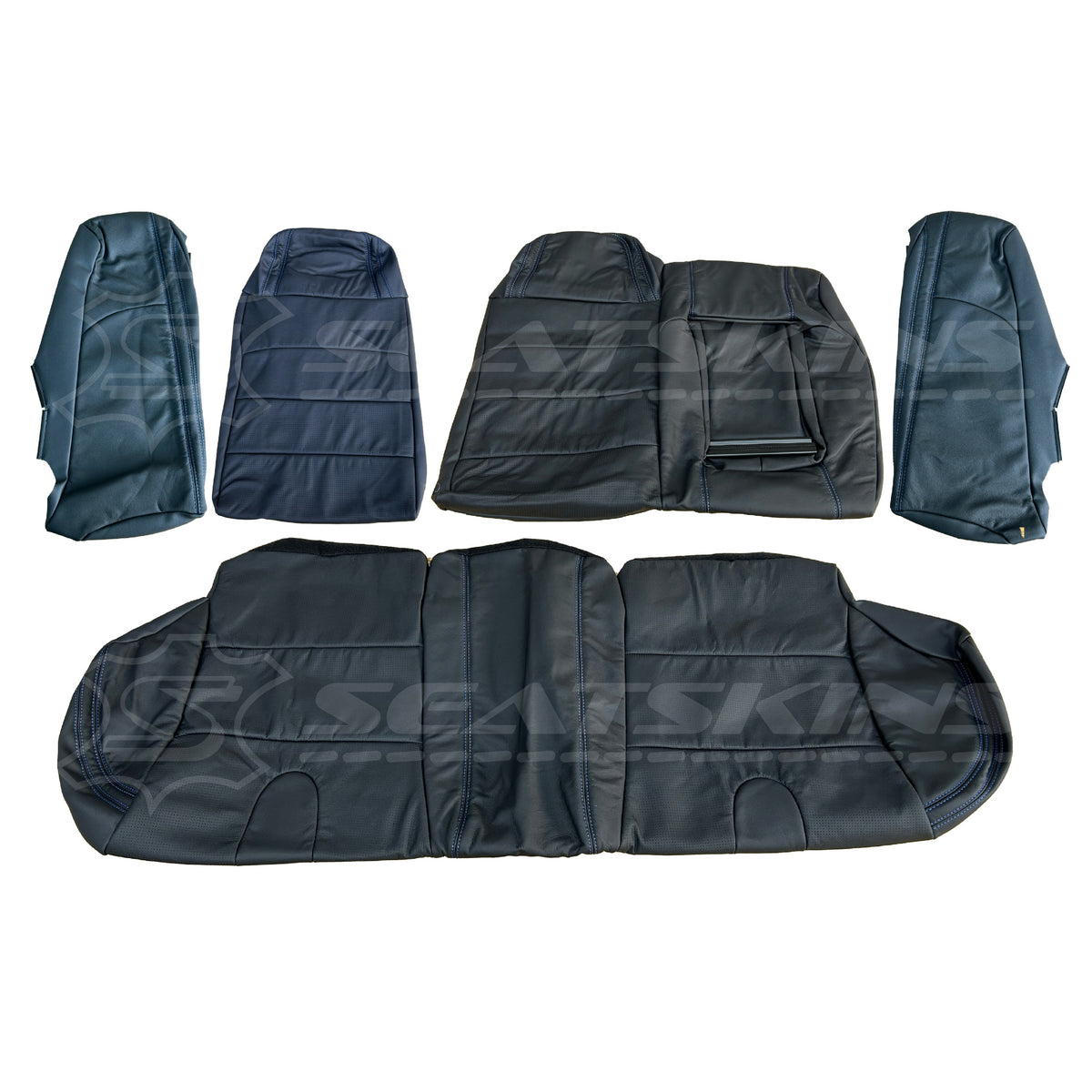 Replacement leather seat trim kit for FORD/fpv ba/bf gtp falcon 5 seater black blue stitch – product view 3