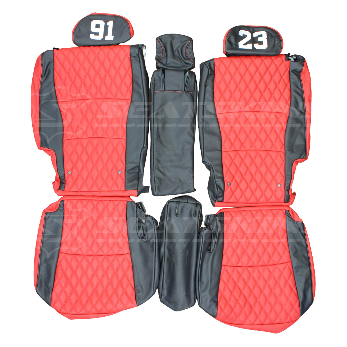 LEATHER SEATS TRIM KIT SKINS FOR TOYOTA KLUGER 7 SEATS RED & BLACK W/DIAMONDS