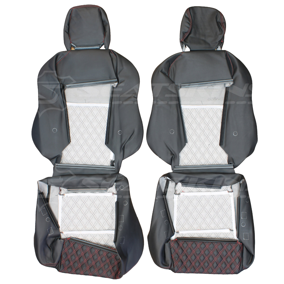 LEATHER SEATS TRIM KIT FOR VT/VX SS UTE 2 FRONT SEATS BLACK/RED DIAMOND STITCH