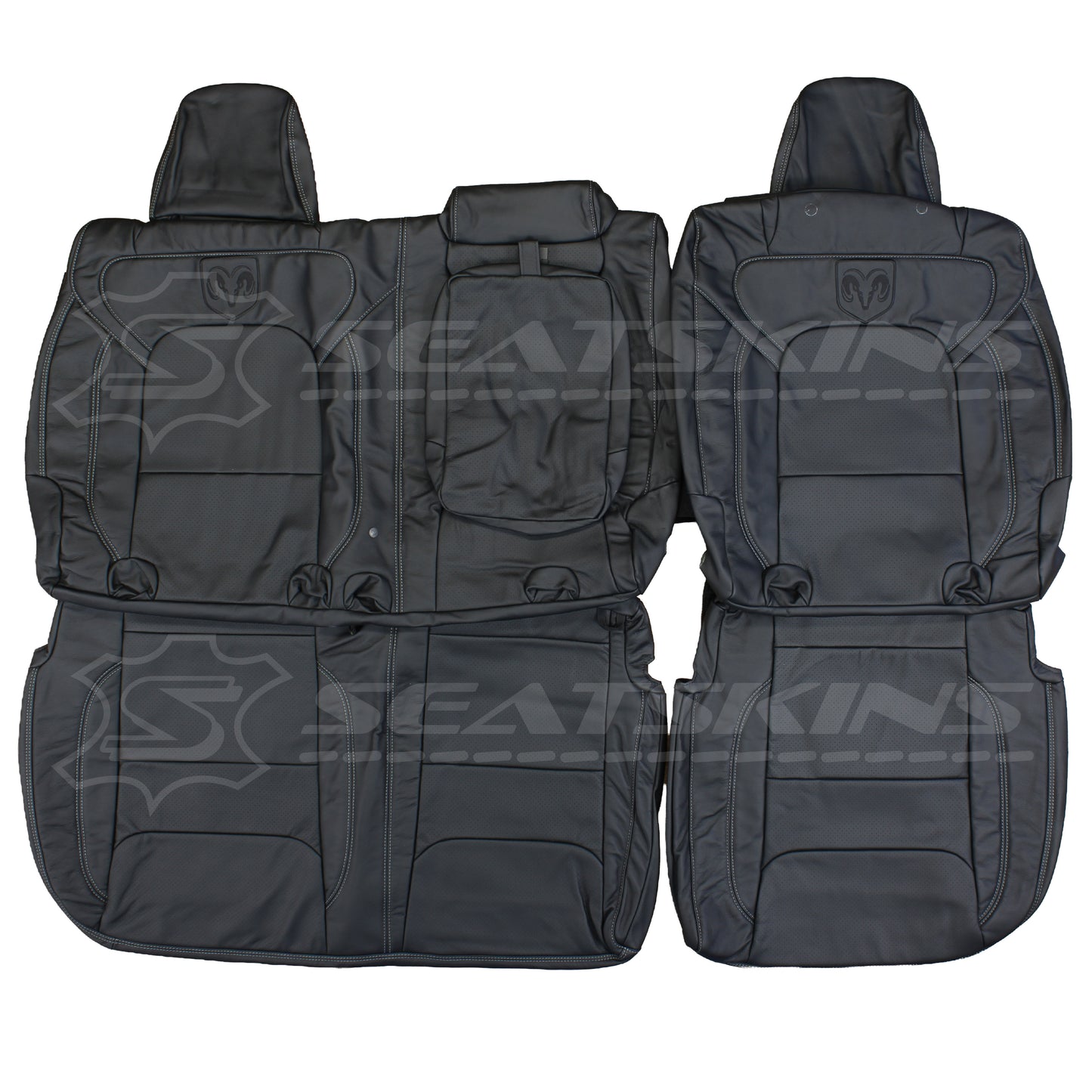 LEATHER SEATS TRIM KIT SKINS FOR RAM 1500 BIGHORN DT BLACK W/GREY STITCHING