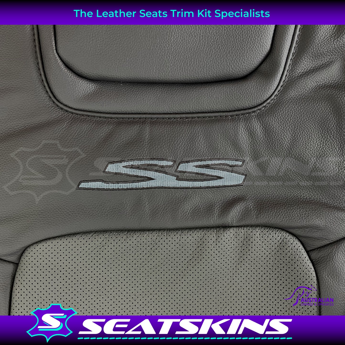 LEATHER SEATS TRIM KIT FOR VE SS 2 FRONT SEATS OR UTE ONYX & GREY PERF INSERTS