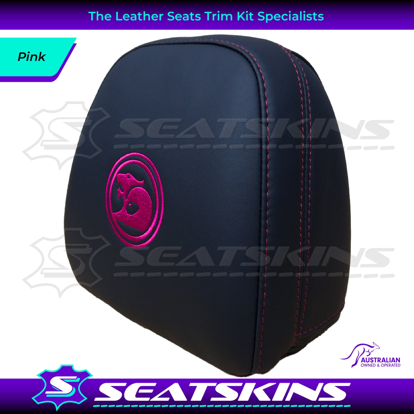 HEADREST COVERS PAIR FOR VF BLACK LEATHERETTE SILVER OR RED STITCH HSV LOGO