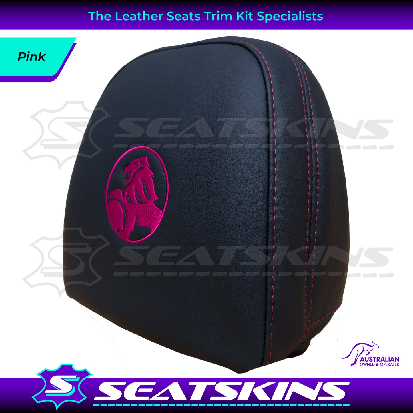 HEADREST COVERS PAIR FOR VF BLACK LEATHERETTE SILVER OR RED STITCH HOLDEN LOGO