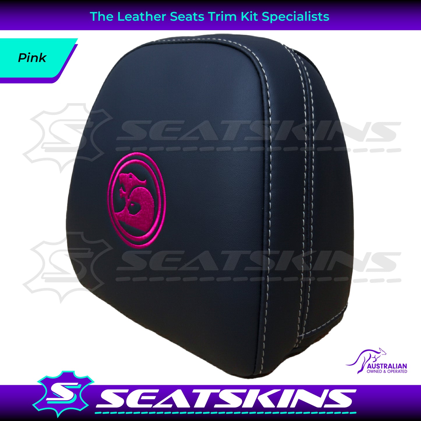 HEADREST COVERS PAIR FOR VF BLACK LEATHERETTE SILVER OR RED STITCH HSV LOGO