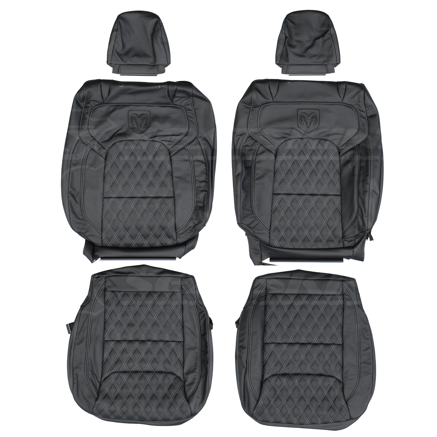 LEATHER SEATS TRIM KIT SKINS FOR RAM 1500 BIGHORN DT BLACK W/GREY DIAMONDS