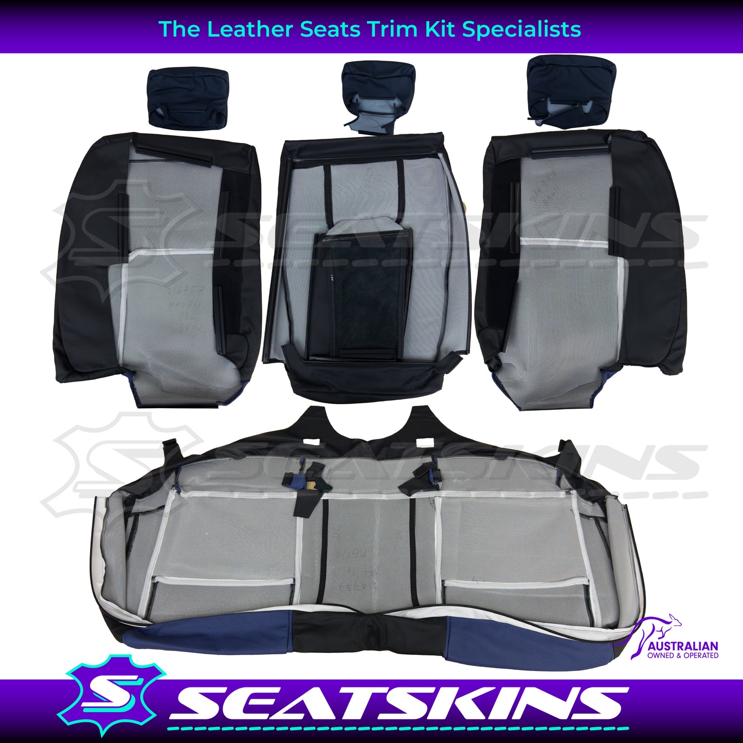 LEATHER SEATS TRIM KIT FOR HOLDEN VE CLUBSPORT 5 SEATER BLUE INSERTS BLUE STITCHING