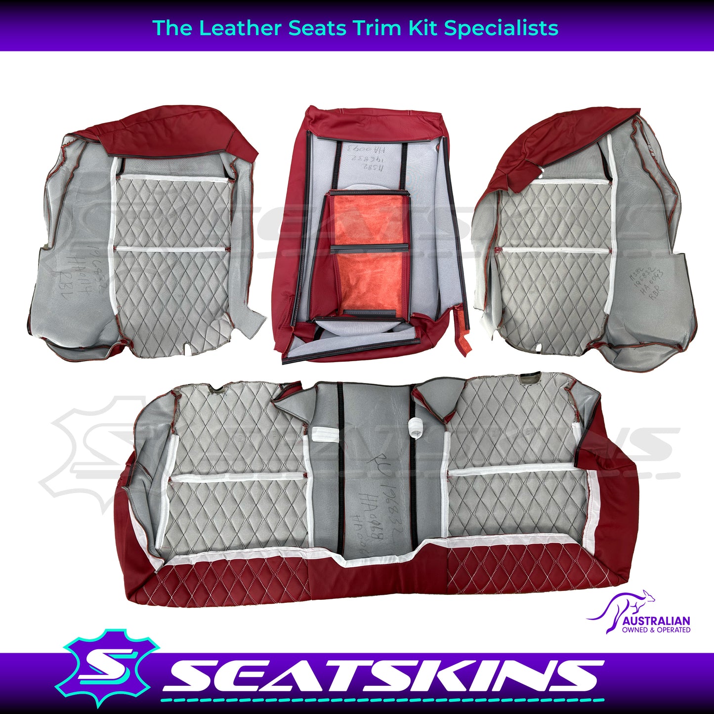 LEATHER SEATS TRIM KIT FOR 5 SEATER HSV COULSON RED LEATHER WHITE DIAMOND STITCH