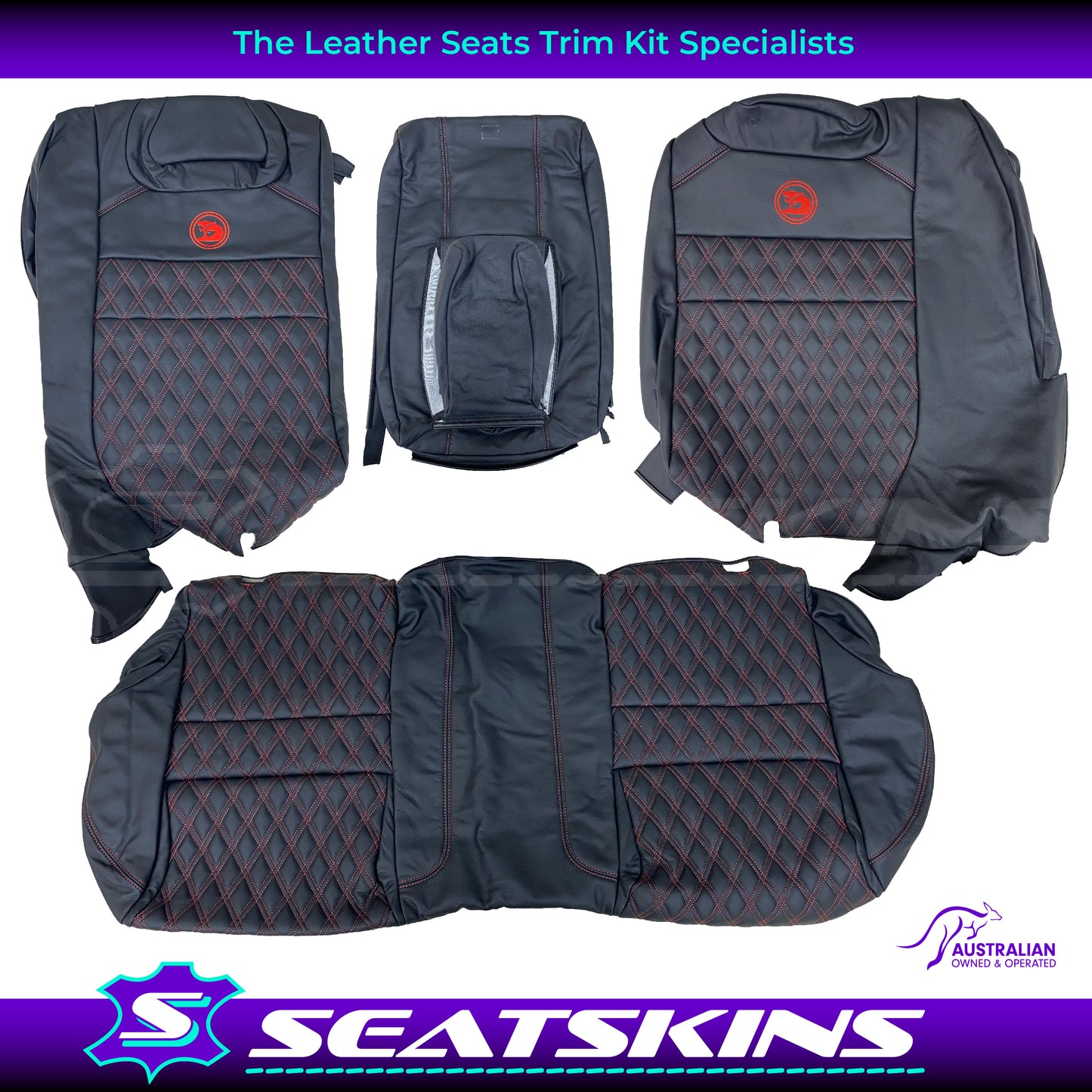 LEATHER SEATS TRIM KIT FOR HSV VZ R8 CLUBSPORT SEDAN ANTHRACITE DOUBLE DIAMOND RED