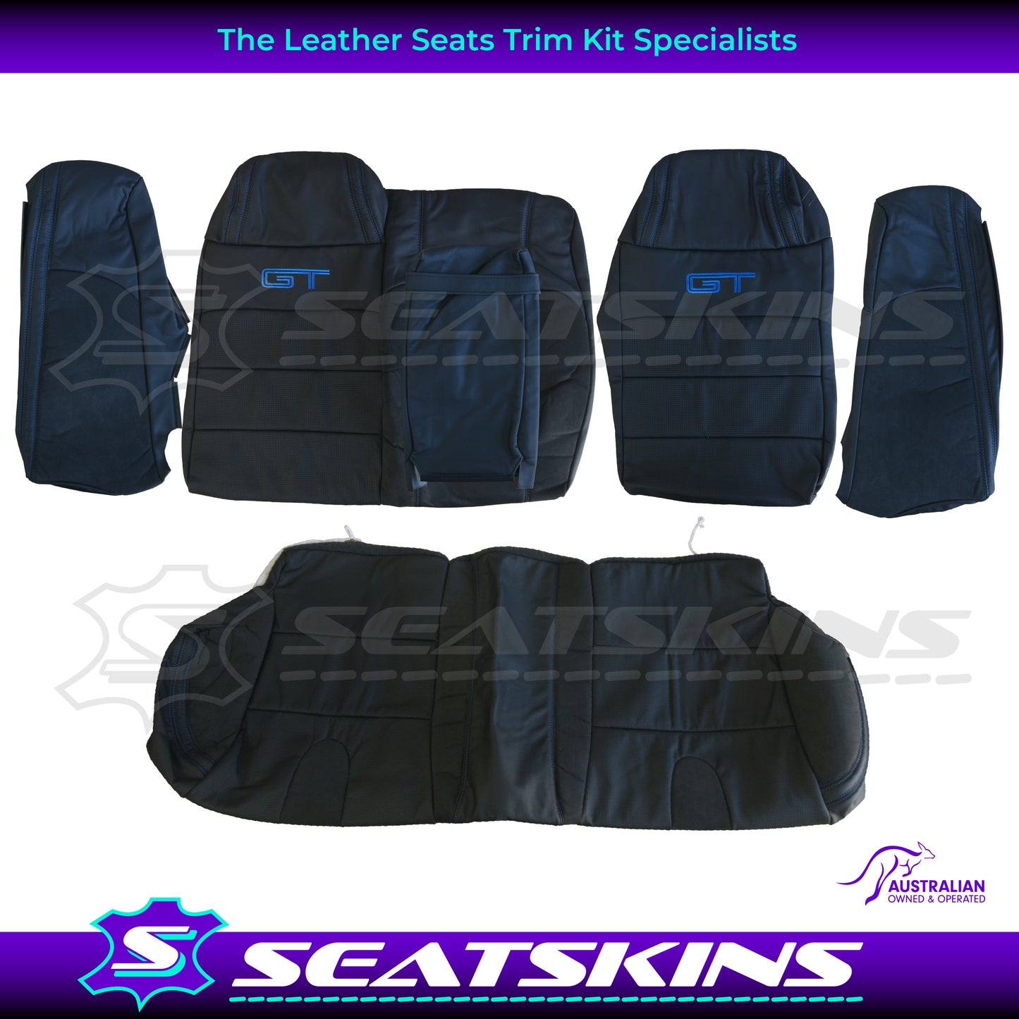 LEATHER SEATS TRIM KIT SKINS FOR FORD/FPV BA/BF FALCON 5 SEATER BLUE GT LOGO
