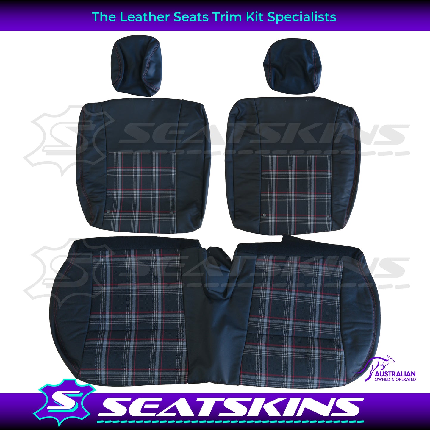 LEATHER SEATS TRIM KIT SKINS FOR SUZUKI JIMNY XL- BLACK LEATHER PLAID INSERT