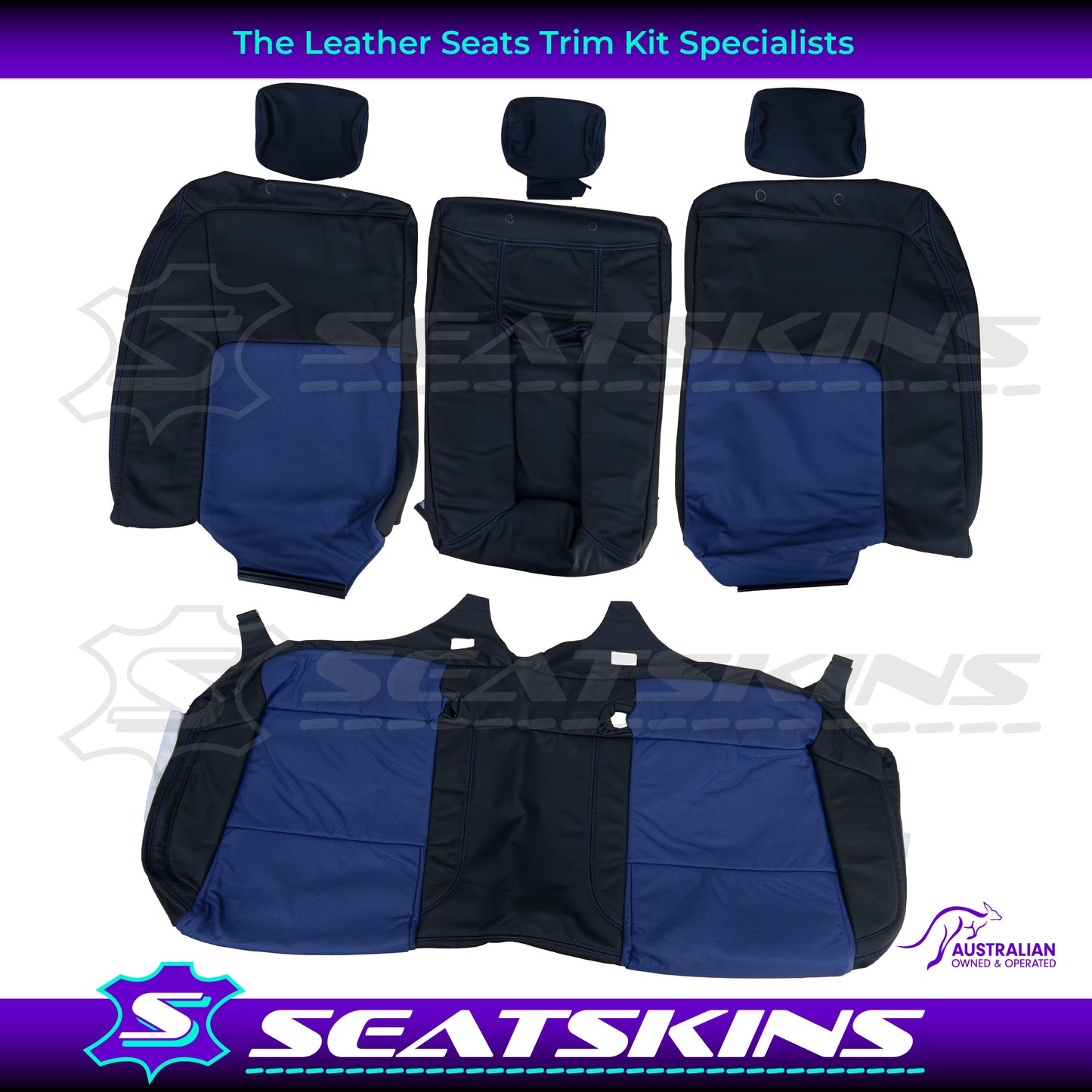 LEATHER SEATS TRIM KIT FOR HOLDEN VE CLUBSPORT 5 SEATER BLUE INSERTS BLUE STITCHING